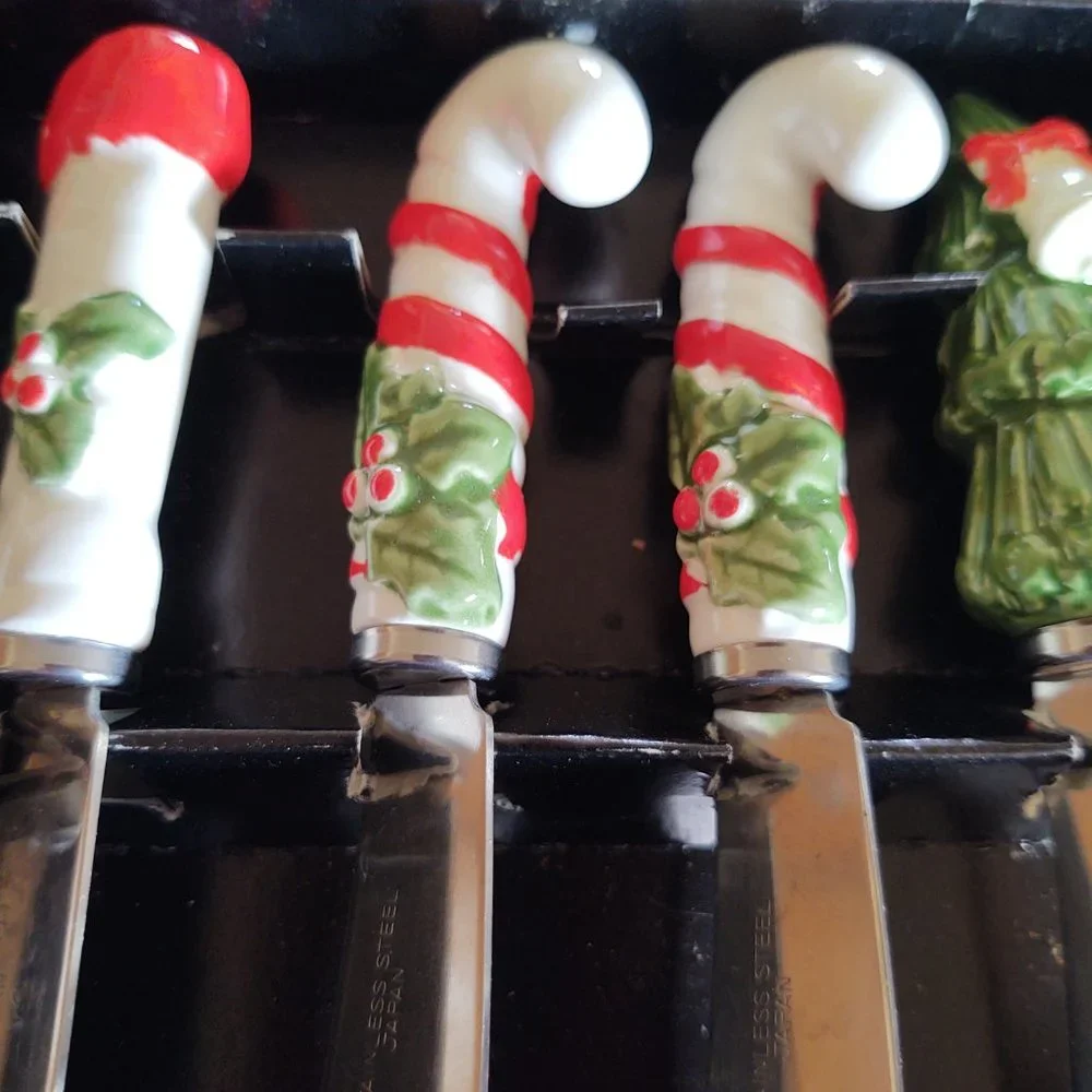 Vintage 1950s 60s Set of Novelty Christmas Theme Butter Spread Knives - Made in